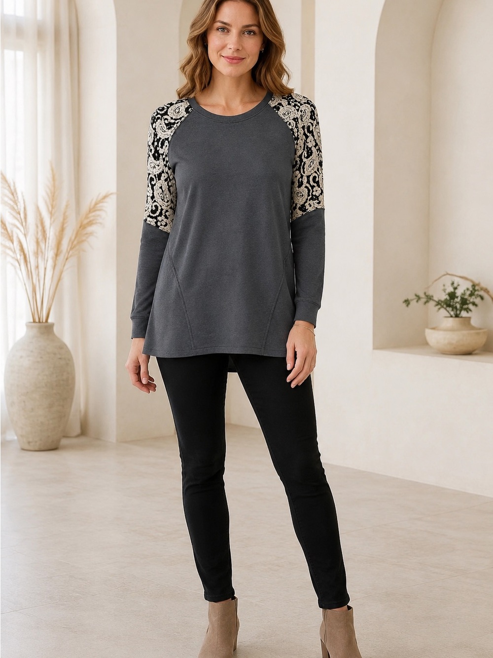 Yak N Yeti Charcoal Pullover with Cream & Black Paisley Raglan Sleeves